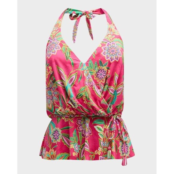 JOHNNY WAS Size Small Flamingo Tropical Floral Waist tie Tankini Top $158 - Picture 1 of 4